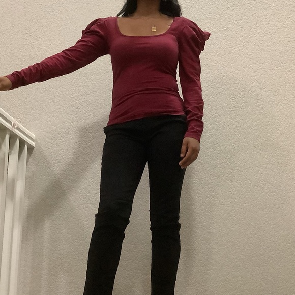 Free People Red Stripe Scoop Neck Leg of Mutton Sleeve Top Womens Small Petite - Picture 8 of 11